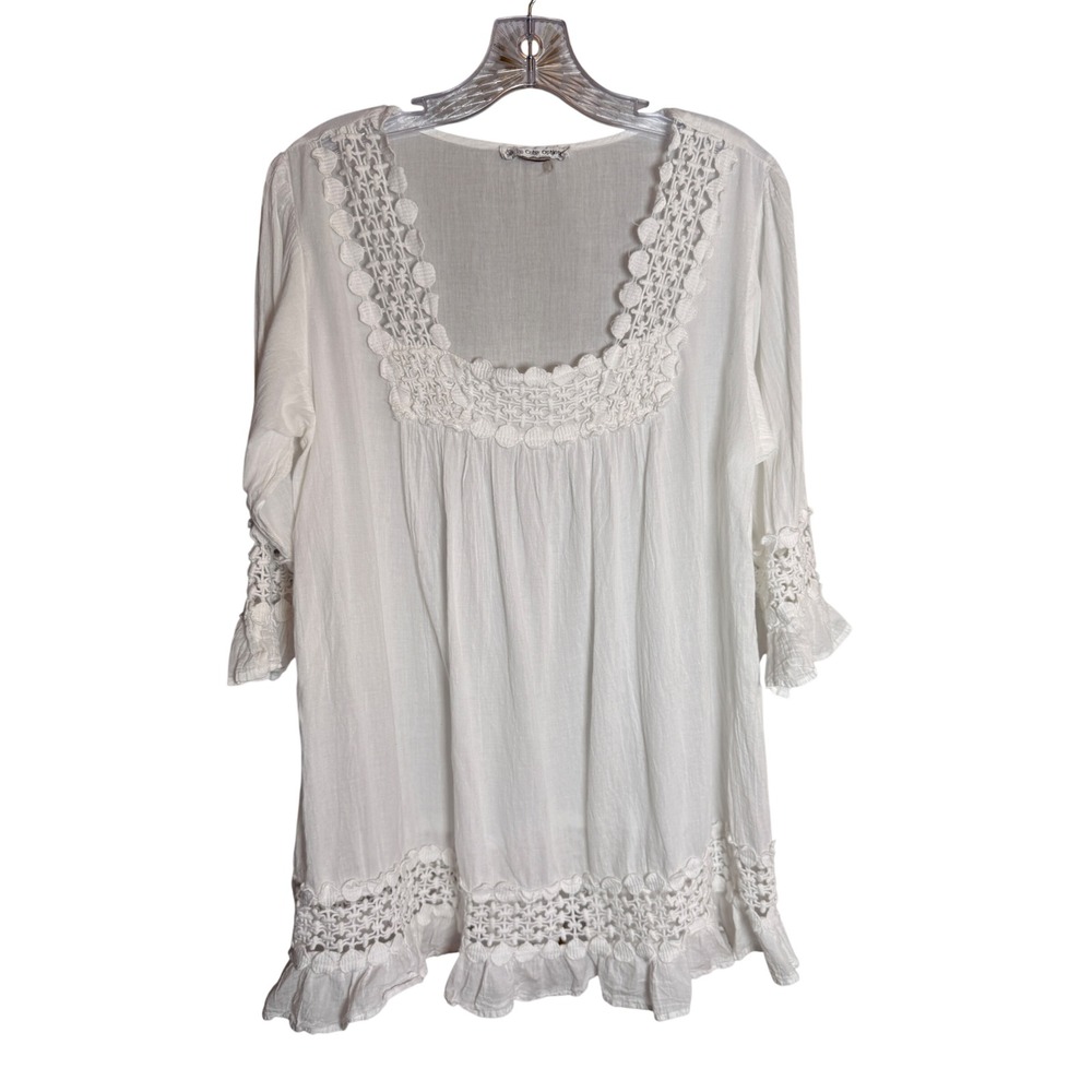 Cute Options Crochet Lace Boho Blouse Womens OS White Gauze Peasant Top